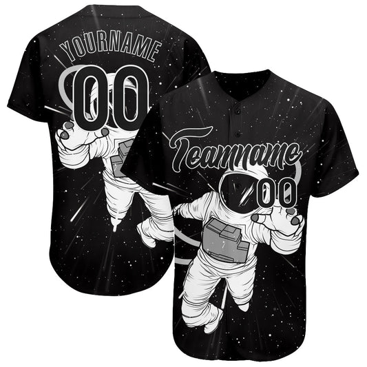 Custom Black Black-White 3D Pattern Design Astronaut Authentic Baseball Jersey - Main View