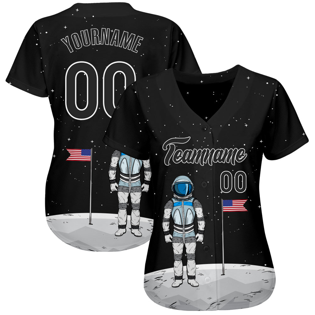 Custom Black Black-White 3D Pattern Design Astronaut Authentic Baseball Jersey view 3