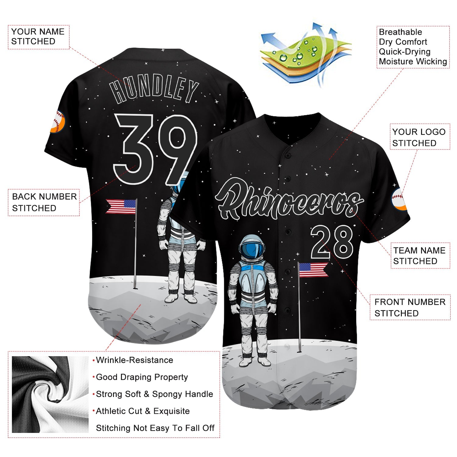 Custom Black Black-White 3D Pattern Design Astronaut Authentic Baseball Jersey view 4