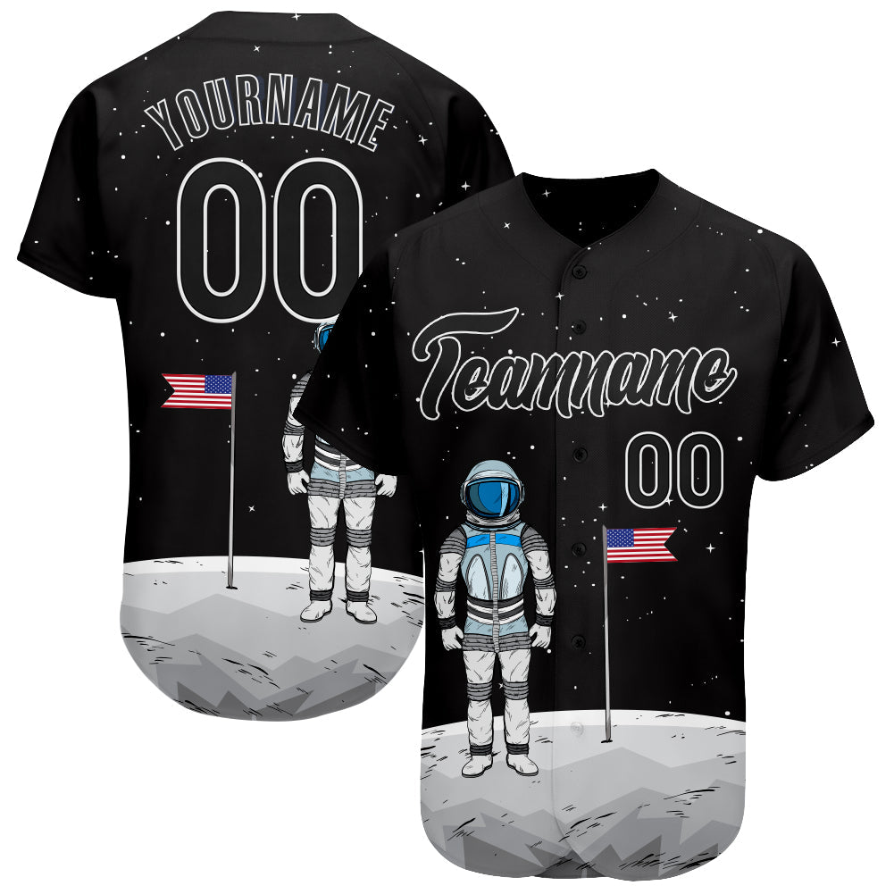 Custom Black Black-White 3D Pattern Design Astronaut Authentic Baseball Jersey - Main View