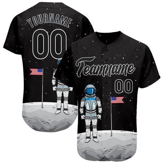 Custom Black Black-White 3D Pattern Design Astronaut Authentic Baseball Jersey - Main View