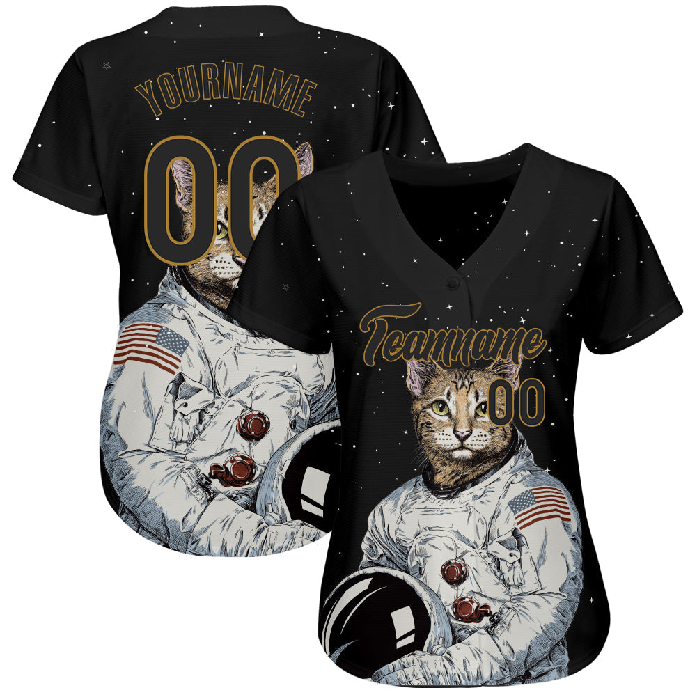 Custom Black Black-Old Gold 3D Pattern Design Astronaut Authentic Baseball Jersey view 2