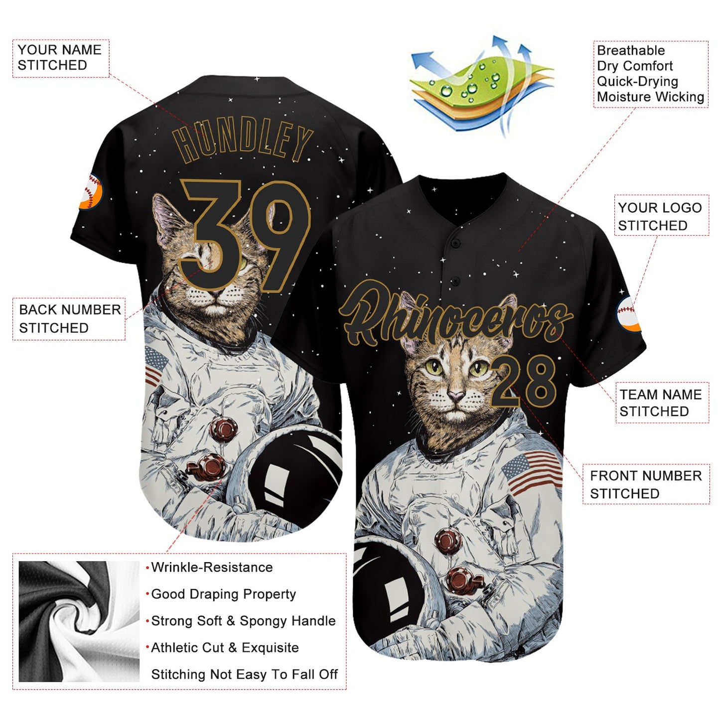 Custom Black Black-Old Gold 3D Pattern Design Astronaut Authentic Baseball Jersey view 3