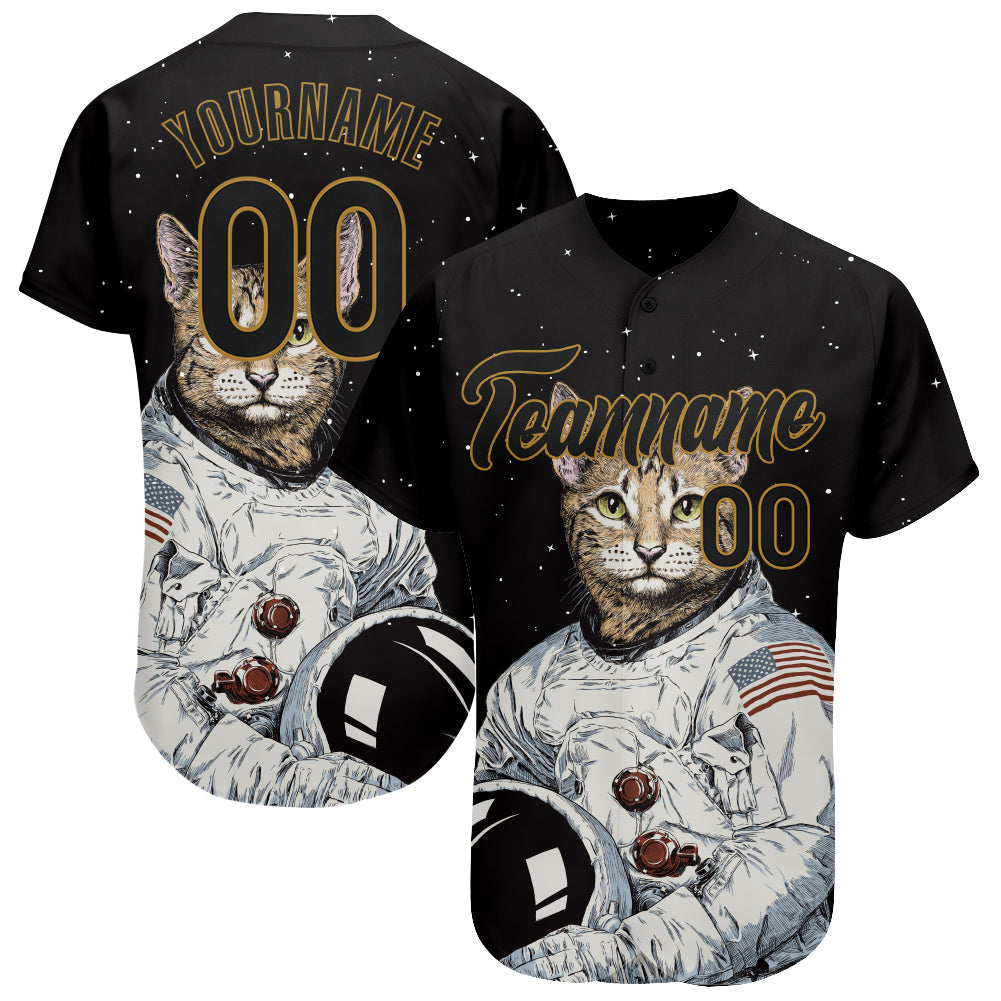 Custom Black Black-Old Gold 3D Pattern Design Astronaut Authentic Baseball Jersey - Main View