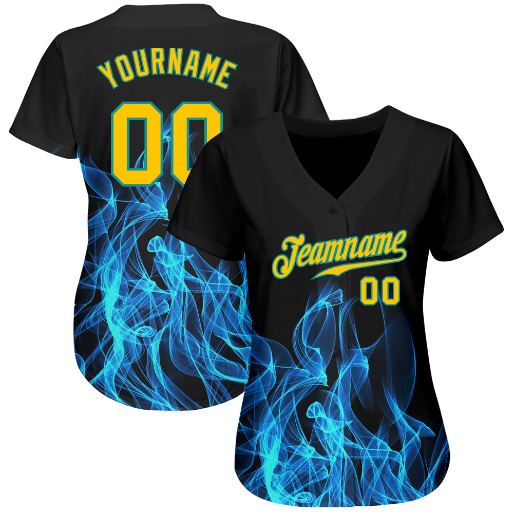 Custom Black Gold-Teal 3D Pattern Design Flame Authentic Baseball Jersey view 2