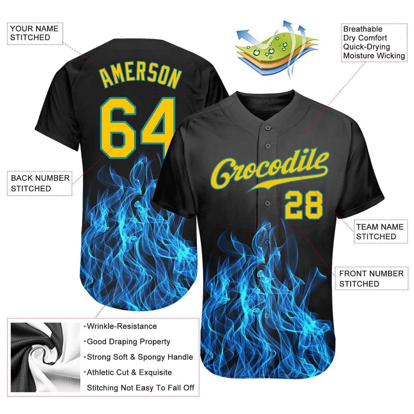 Custom Black Gold-Teal 3D Pattern Design Flame Authentic Baseball Jersey view 3