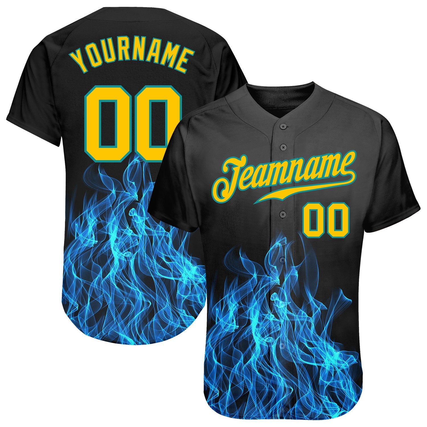 Custom Black Gold-Teal 3D Pattern Design Flame Authentic Baseball Jersey - Main View