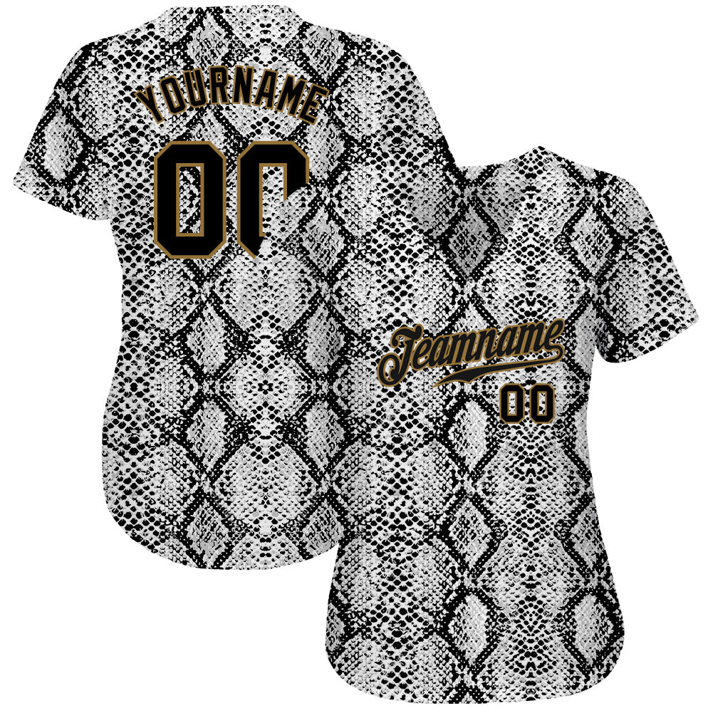Custom Black Snakeskin Black-Old Gold 3D Pattern Design Authentic Baseball Jersey view 2