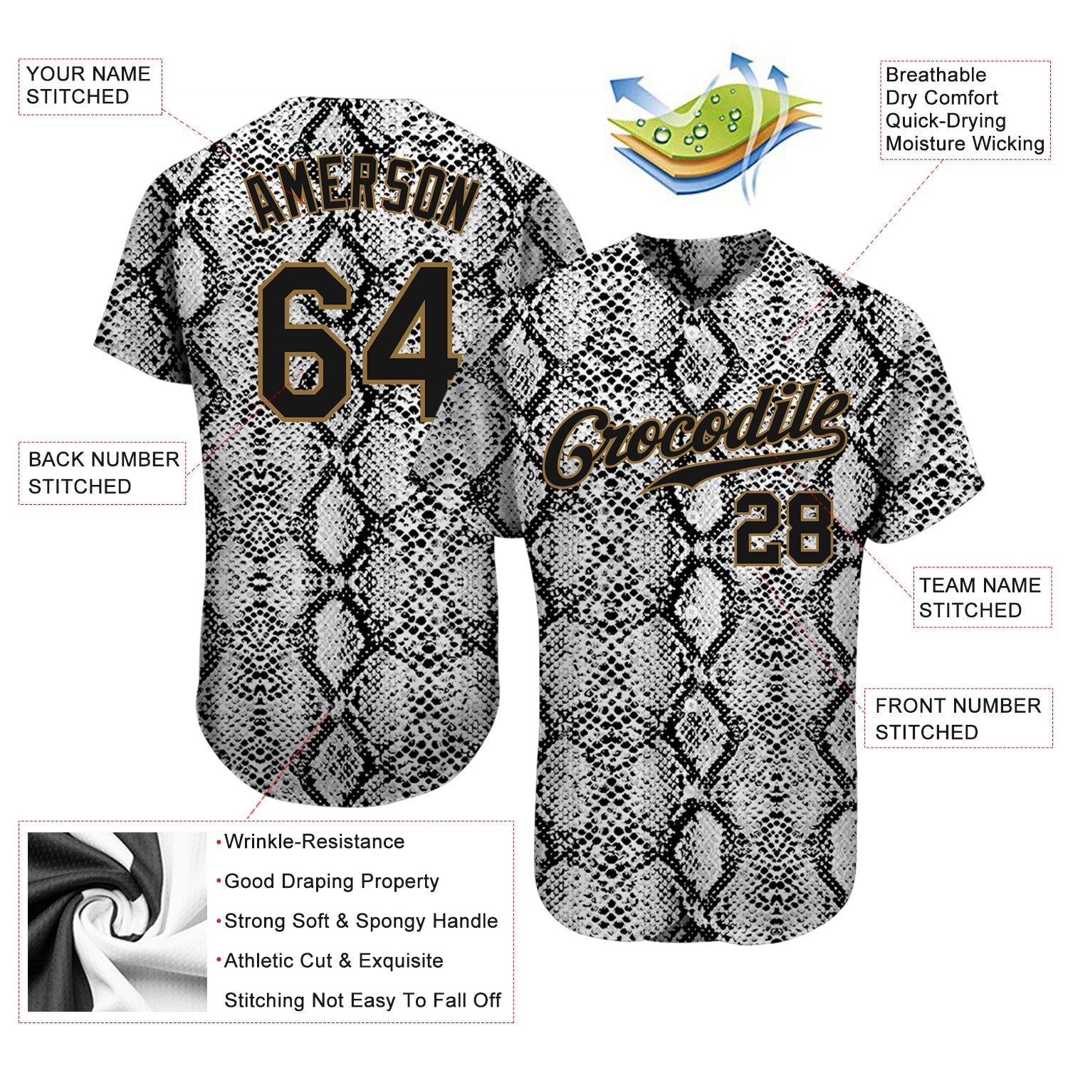 Custom Black Snakeskin Black-Old Gold 3D Pattern Design Authentic Baseball Jersey view 3