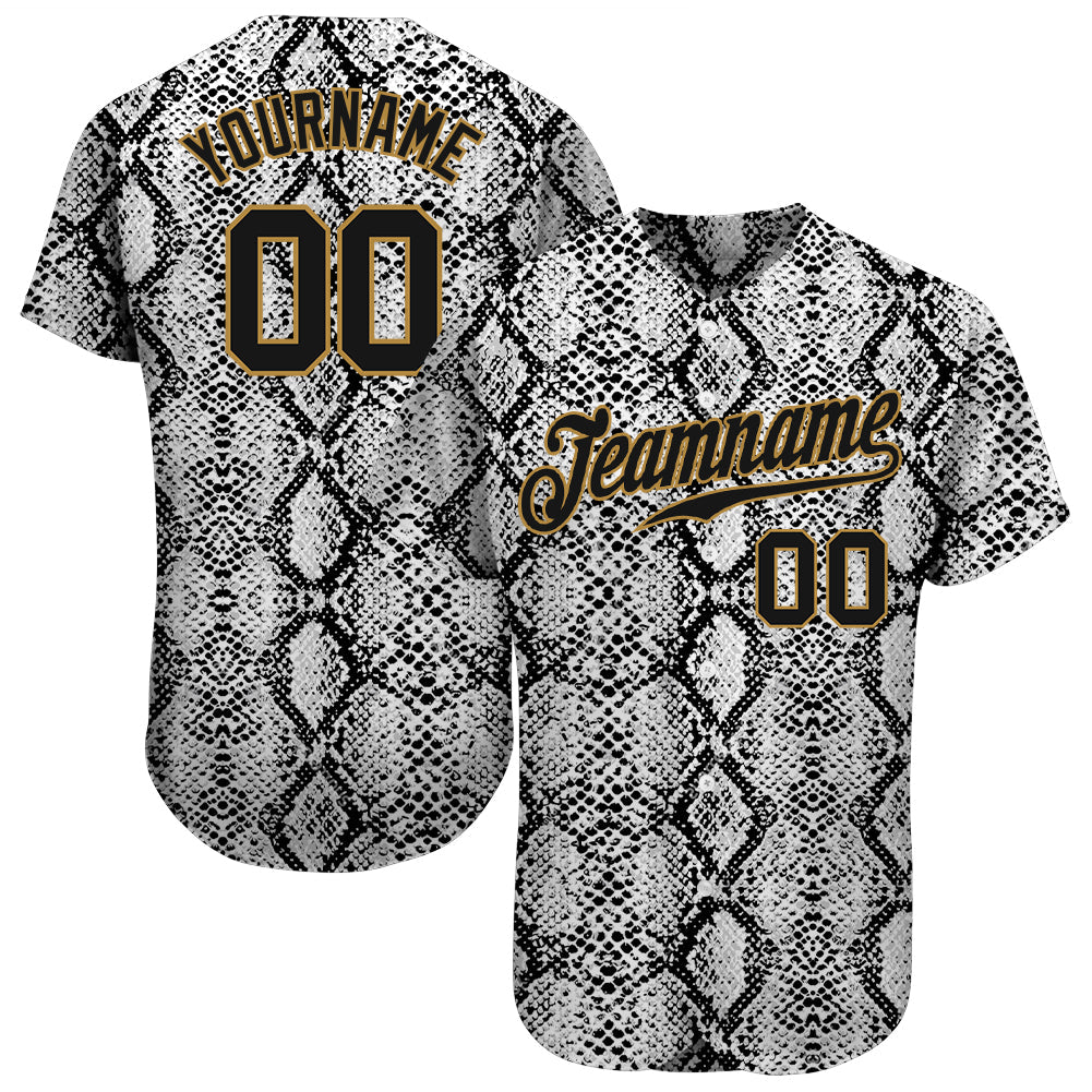 Custom Black Snakeskin Black-Old Gold 3D Pattern Design Authentic Baseball Jersey - Main View
