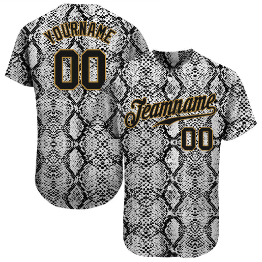 Custom Black Snakeskin Black-Old Gold 3D Pattern Design Authentic Baseball Jersey - Main View