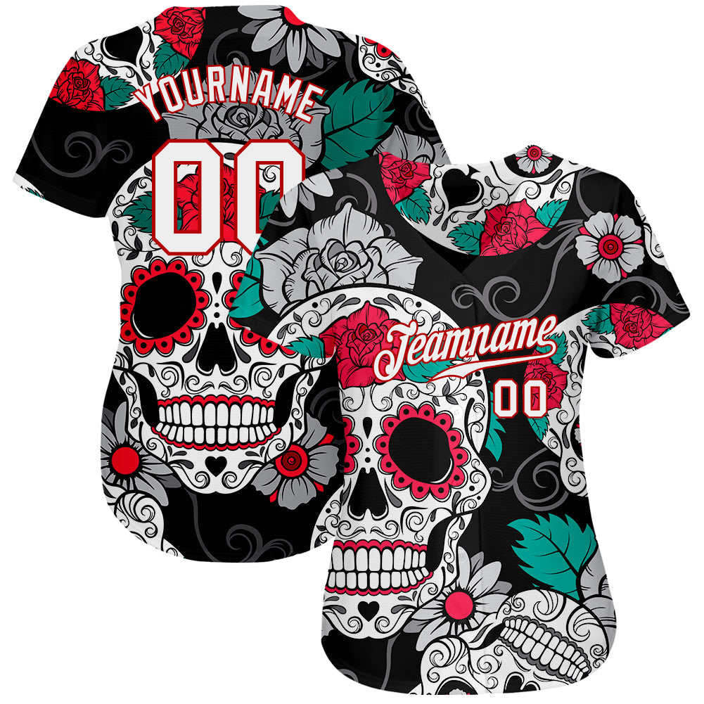 Custom Black White-Red 3D Skull Fashion Authentic Baseball Jersey view 2