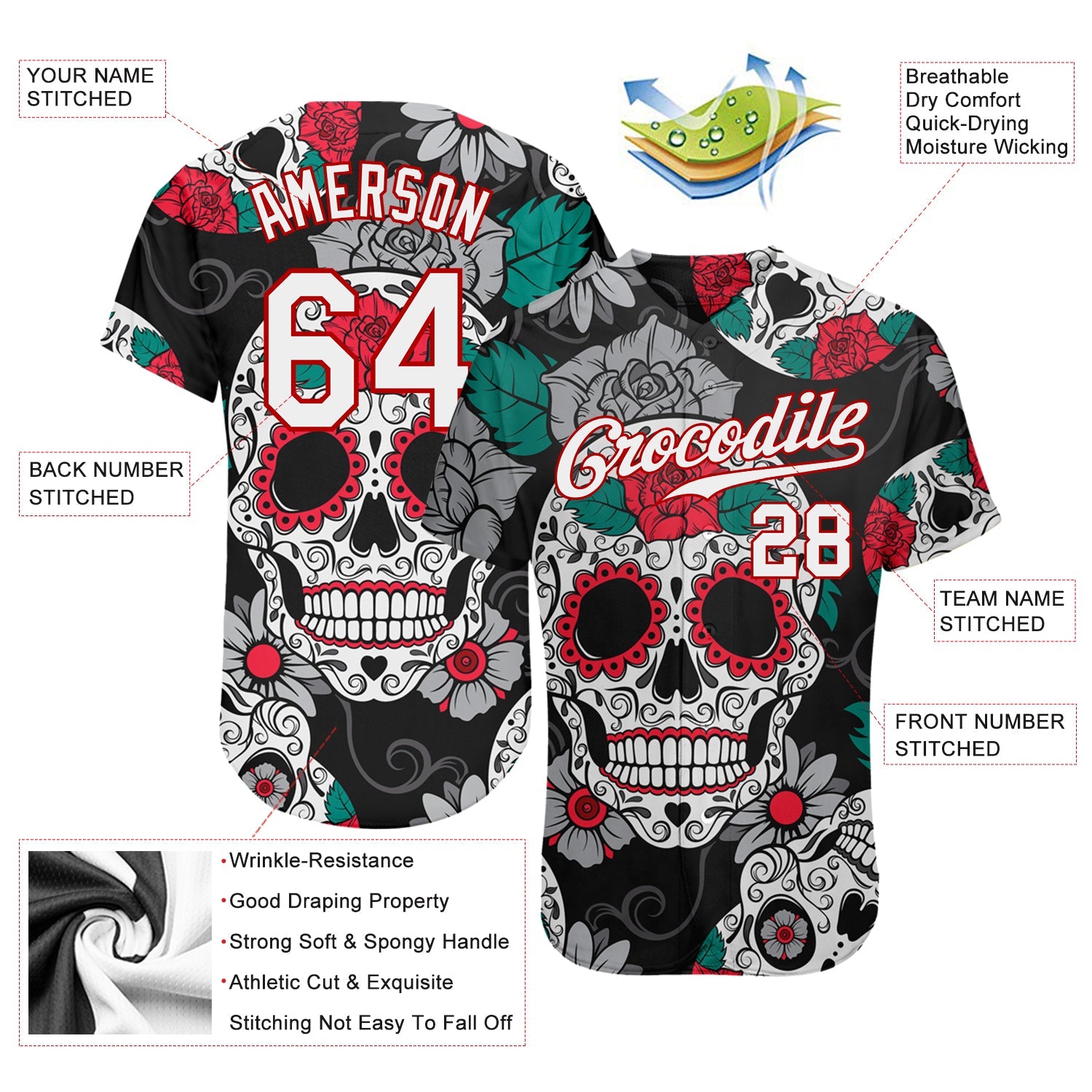 Custom Black White-Red 3D Skull Fashion Authentic Baseball Jersey view 3