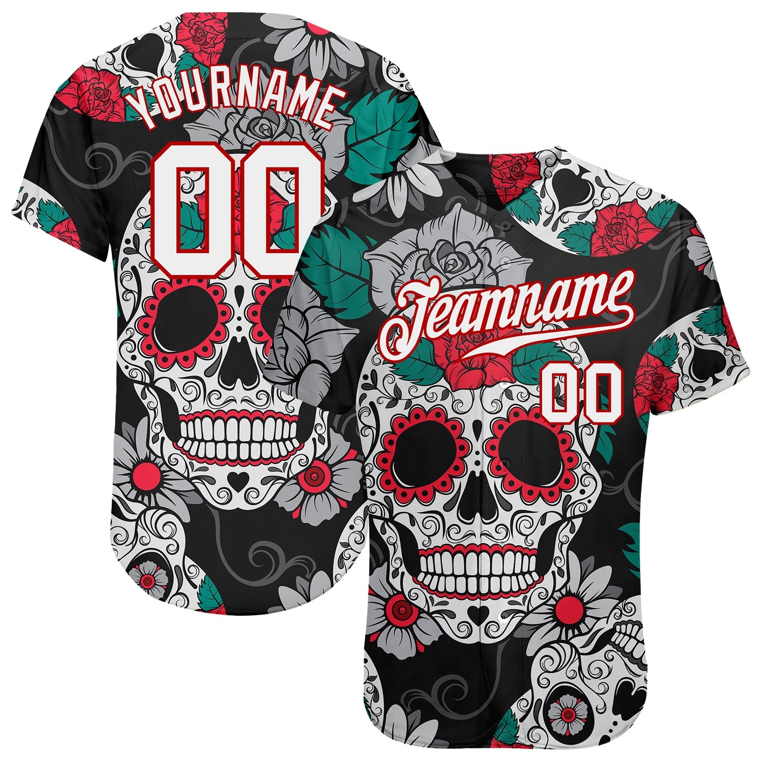 Custom Black White-Red 3D Skull Fashion Authentic Baseball Jersey - Main View