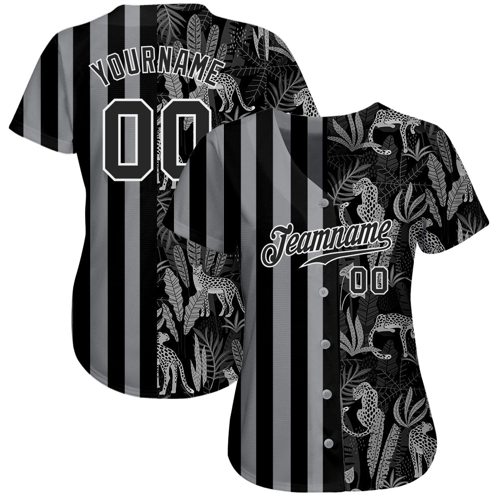 Custom Black Black-Gray 3D Pattern Design Leopards And Tropical Palm Leaves Authentic Baseball Jersey view 2