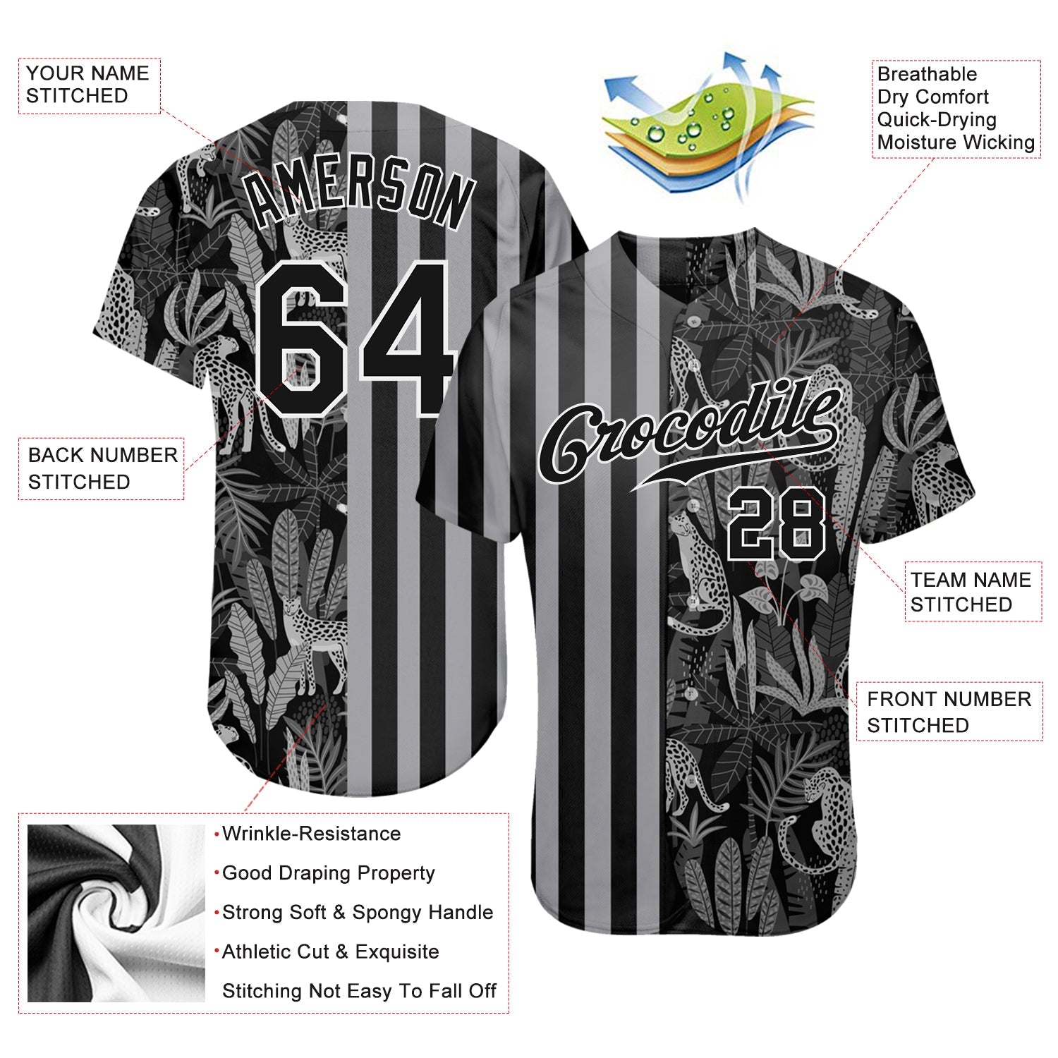 Custom Black Black-Gray 3D Pattern Design Leopards And Tropical Palm Leaves Authentic Baseball Jersey view 3