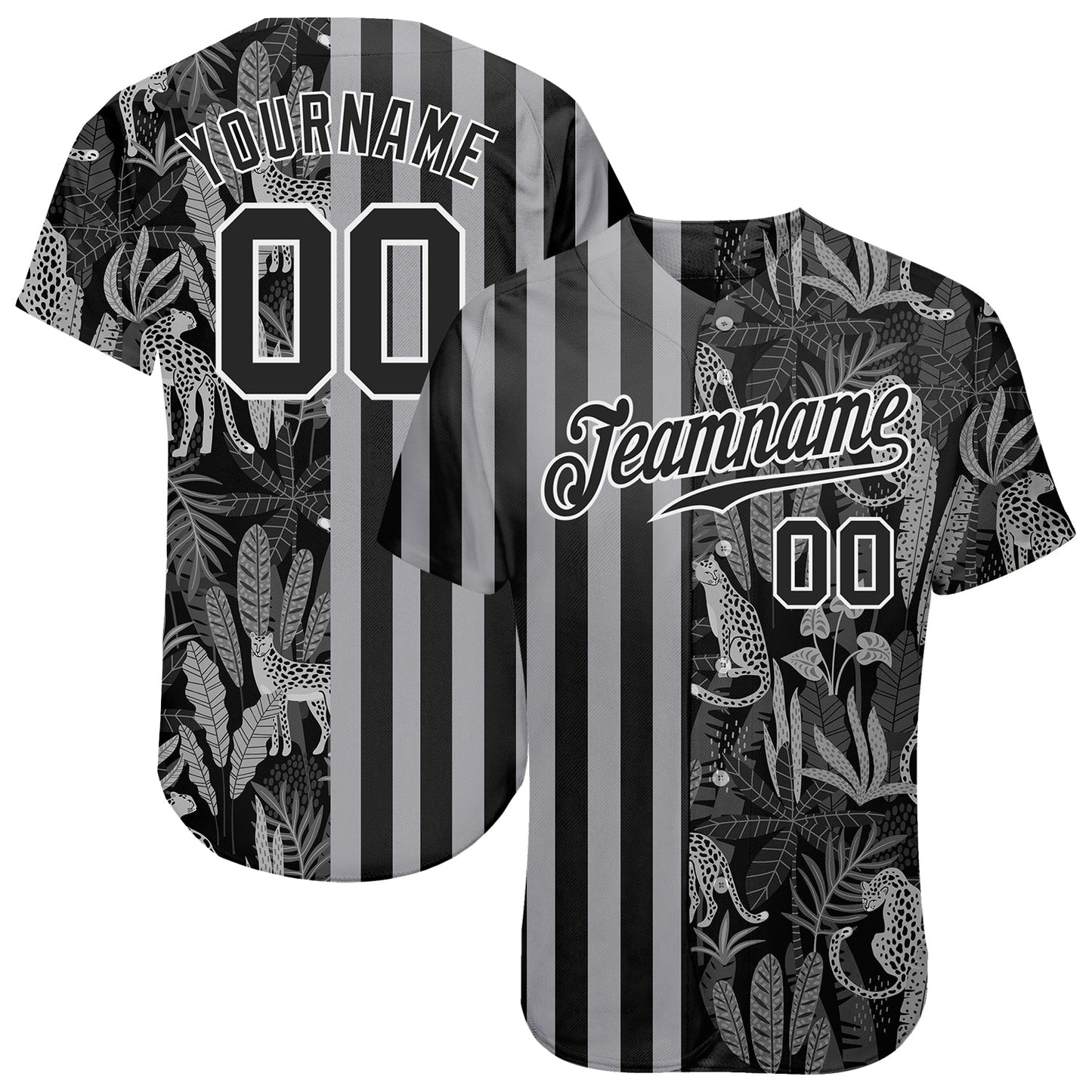Custom Black Black-Gray 3D Pattern Design Leopards And Tropical Palm Leaves Authentic Baseball Jersey - Main View