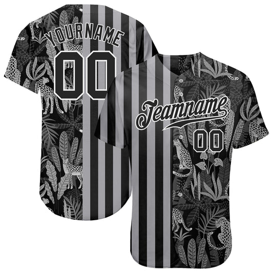 Custom Black Black-Gray 3D Pattern Design Leopards And Tropical Palm Leaves Authentic Baseball Jersey - Main View