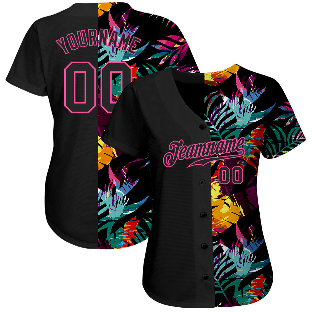 Custom Black Black-Pink 3D Pattern Design Tropical Palm Leaves Authentic Baseball Jersey view 2