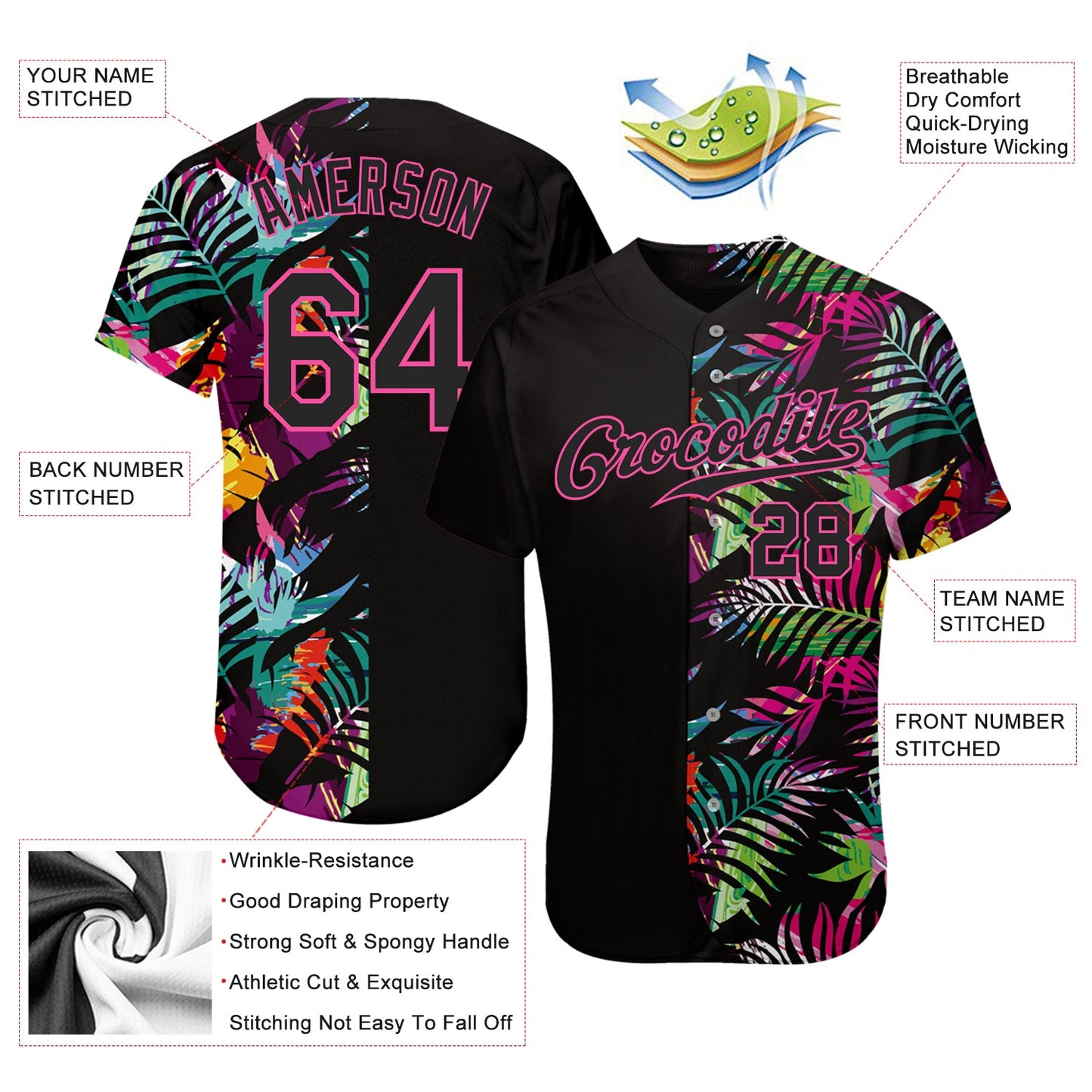 Custom Black Black-Pink 3D Pattern Design Tropical Palm Leaves Authentic Baseball Jersey view 3
