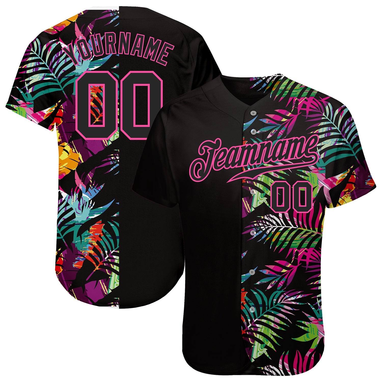 Custom Black Black-Pink 3D Pattern Design Tropical Palm Leaves Authentic Baseball Jersey - Main View