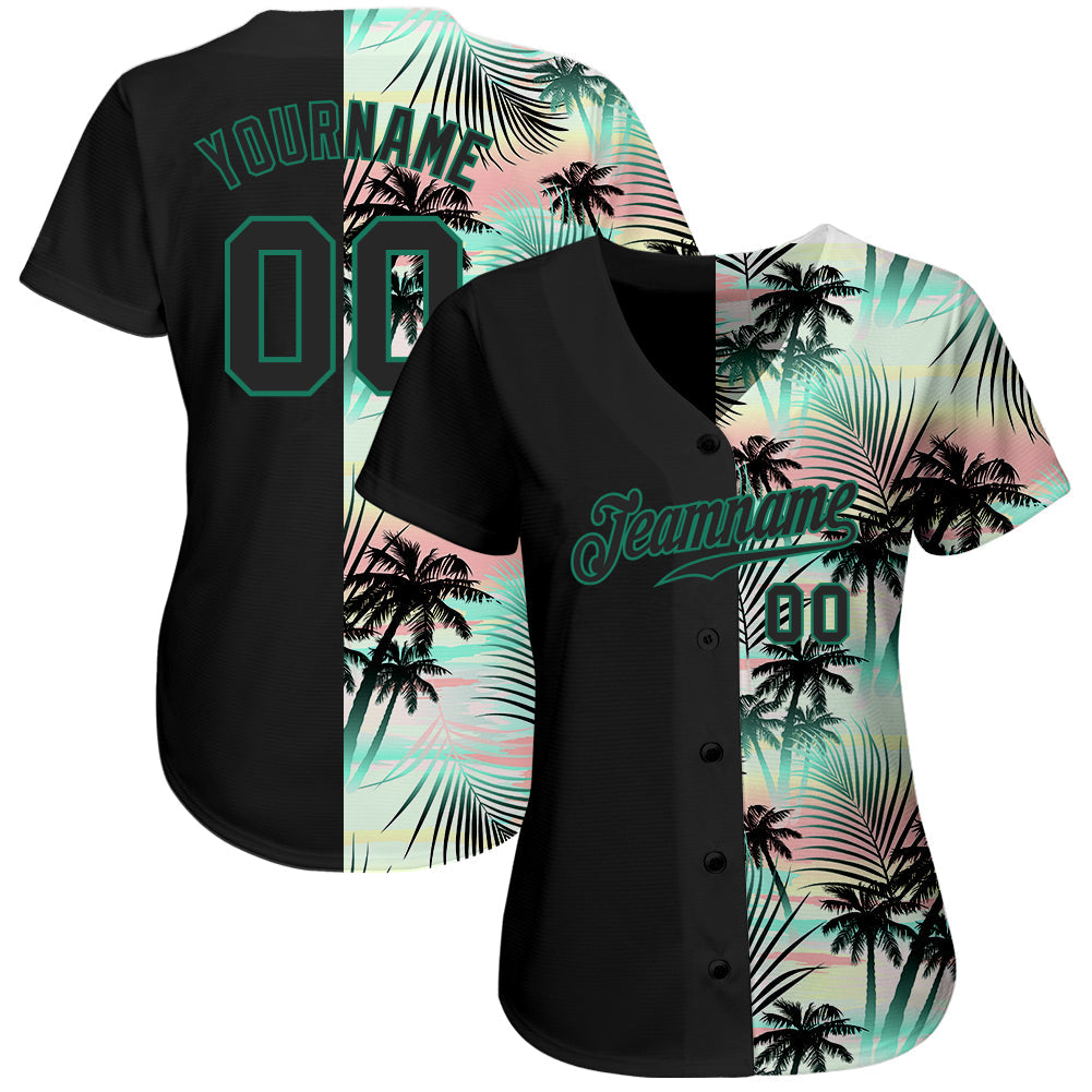 Custom Black Black-Kelly Green 3D Pattern Design Tropical Palm Leaves Authentic Baseball Jersey view 2