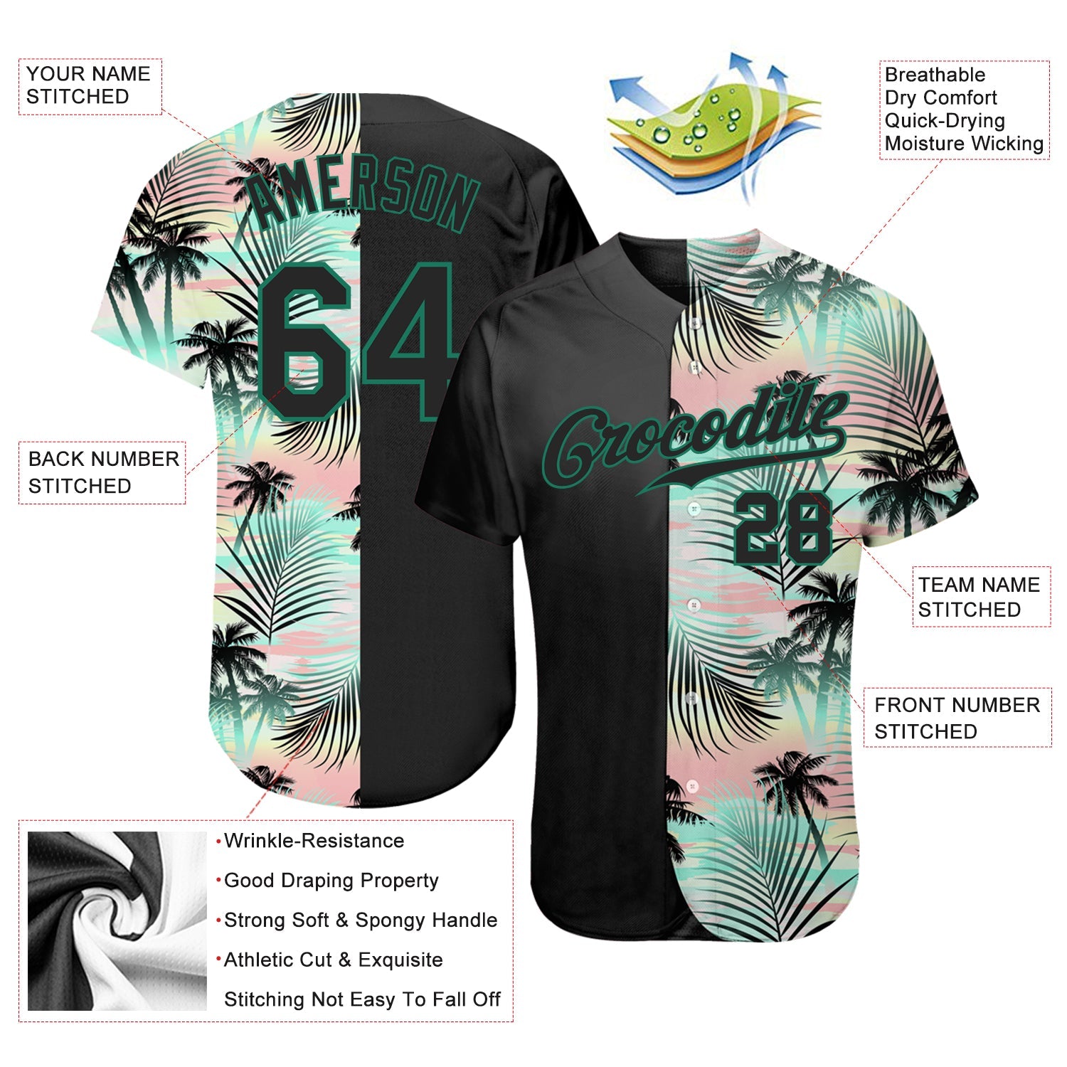 Custom Black Black-Kelly Green 3D Pattern Design Tropical Palm Leaves Authentic Baseball Jersey view 3