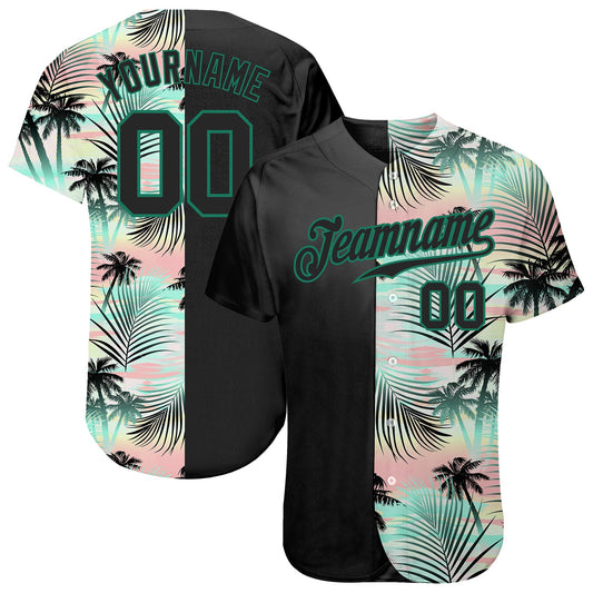 Custom Black Black-Kelly Green 3D Pattern Design Tropical Palm Leaves Authentic Baseball Jersey - Main View