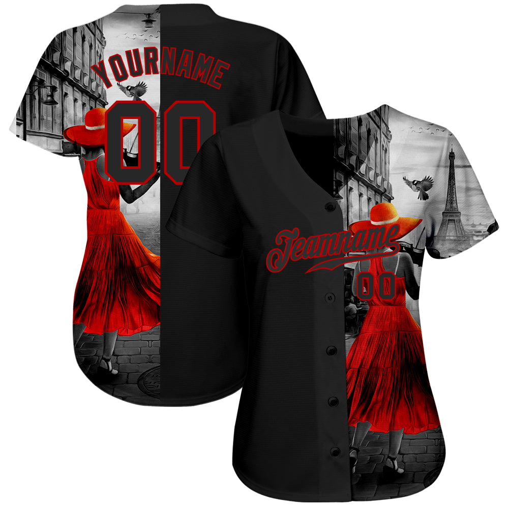 Custom Black Black-Red 3D Pattern Design A Girl With The Eiffel Tower Authentic Baseball Jersey view 2