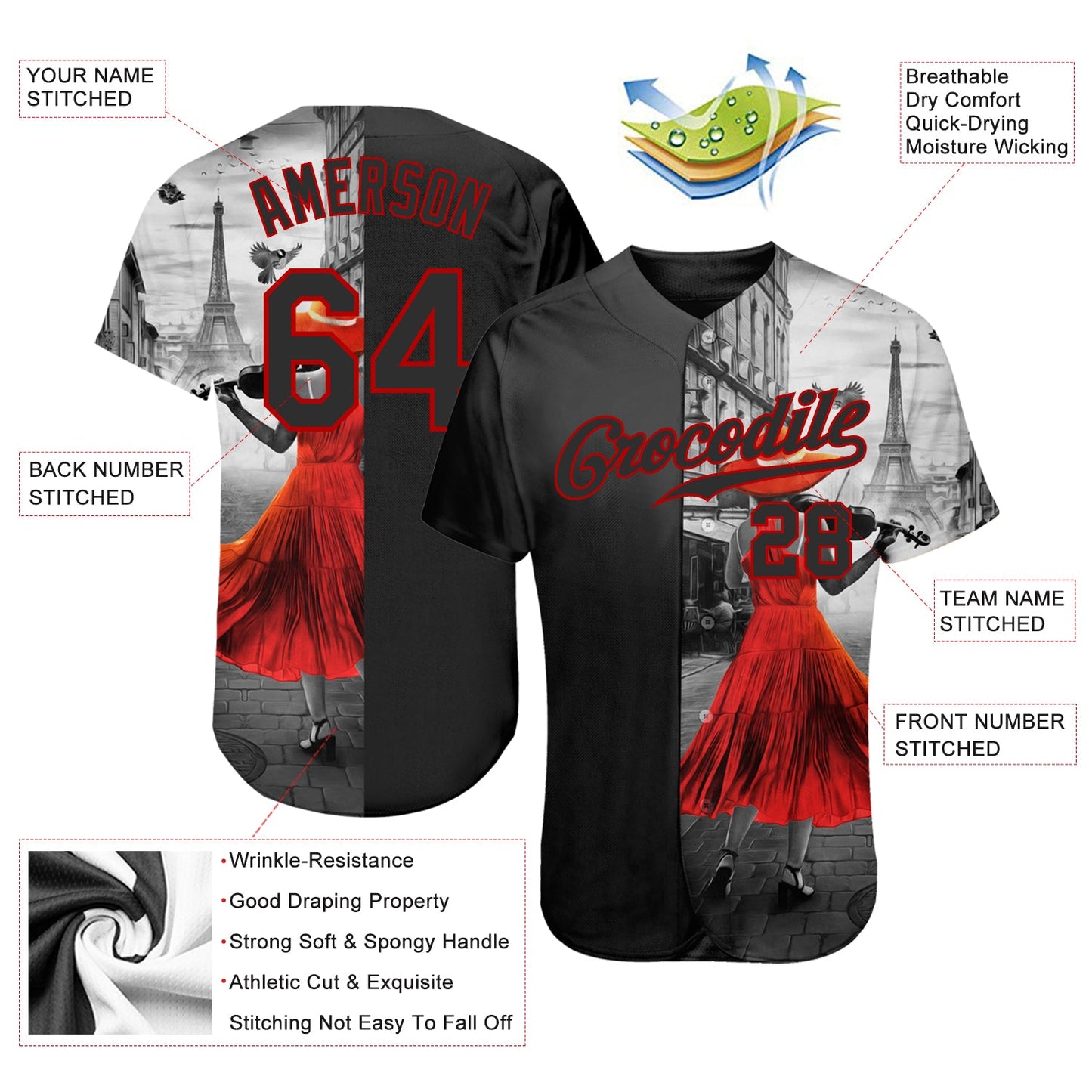 Custom Black Black-Red 3D Pattern Design A Girl With The Eiffel Tower Authentic Baseball Jersey view 3
