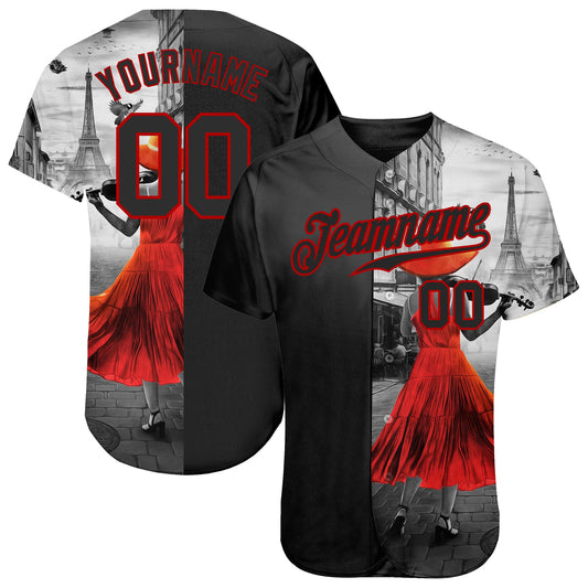Custom Black Black-Red 3D Pattern Design A Girl With The Eiffel Tower Authentic Baseball Jersey - Main View