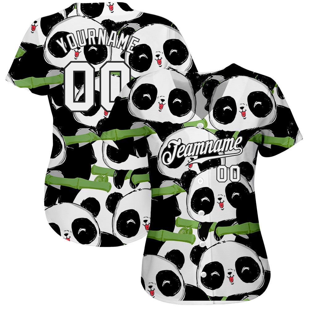 Custom Black White-Black 3D Pattern Design Pandas Authentic Baseball Jersey view 2