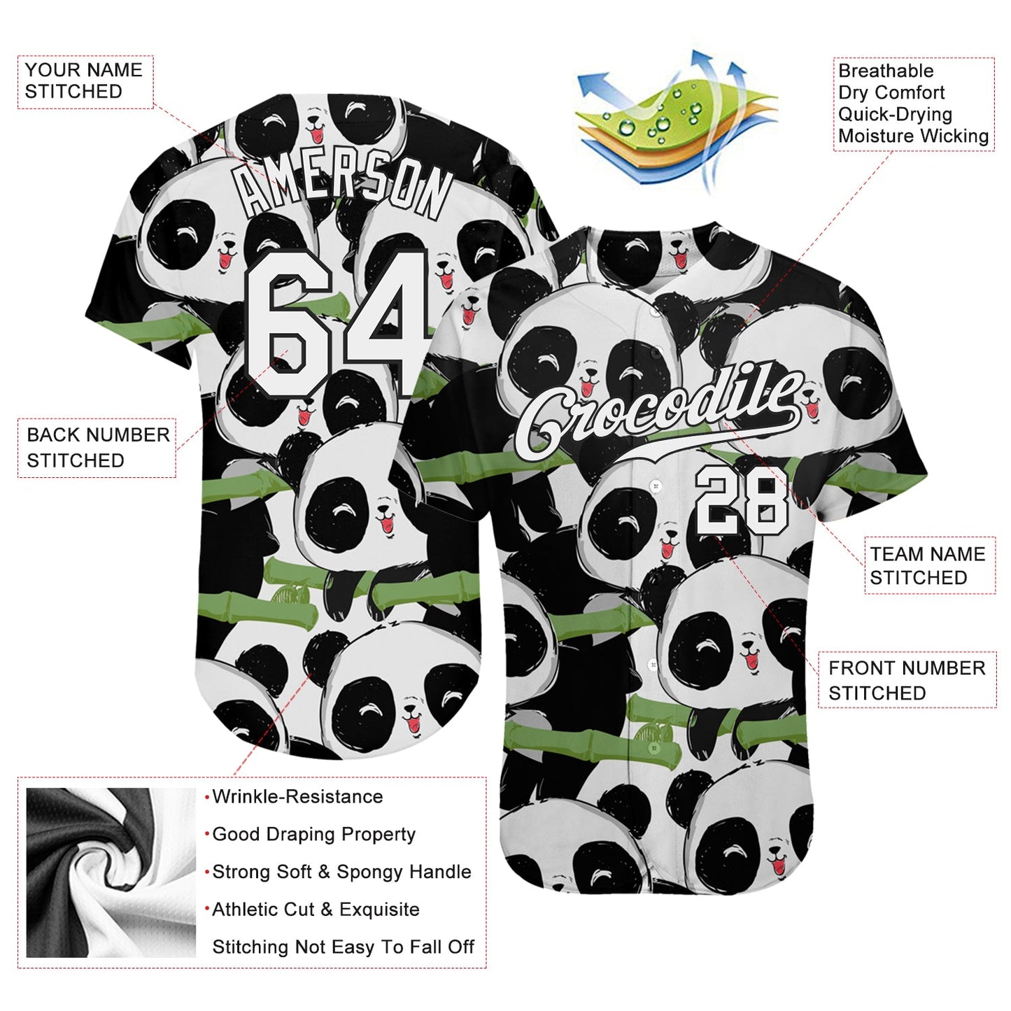 Custom Black White-Black 3D Pattern Design Pandas Authentic Baseball Jersey view 3