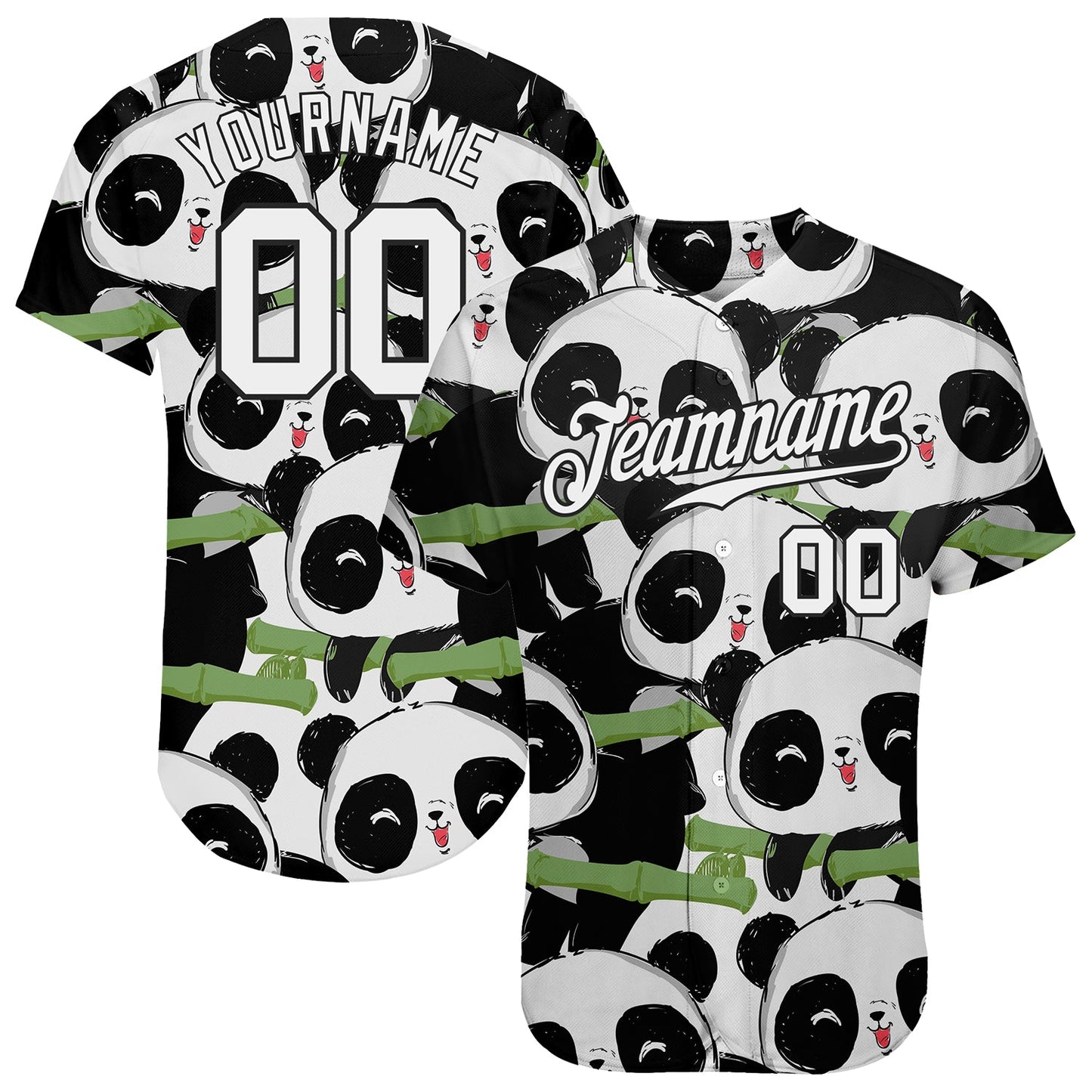 Custom Black White-Black 3D Pattern Design Pandas Authentic Baseball Jersey - Main View