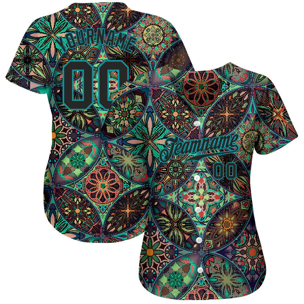 Custom Black Black-Teal 3D Pattern Design Mandalas Authentic Baseball Jersey view 3