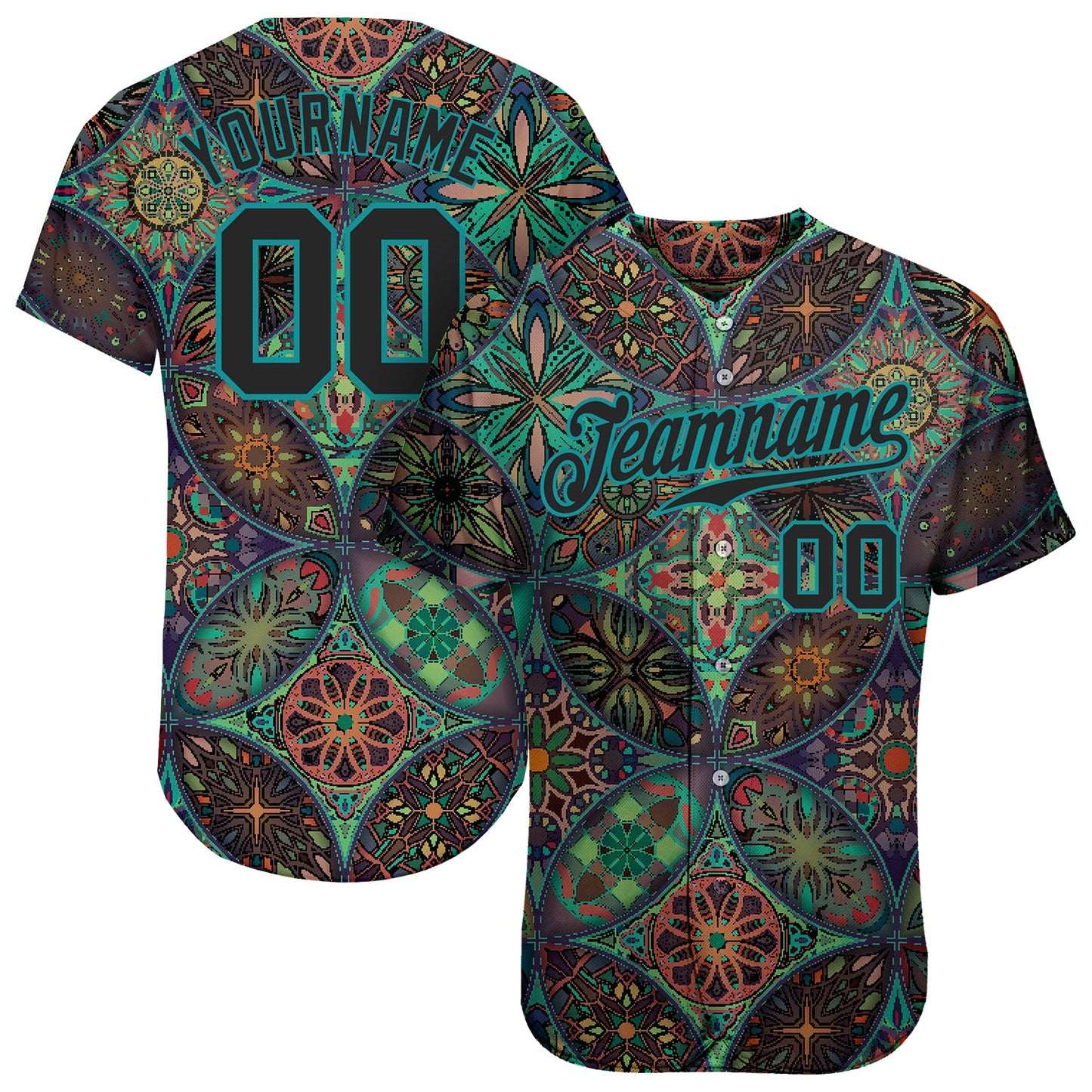 Custom Black Black-Teal 3D Pattern Design Mandalas Authentic Baseball Jersey - Main View