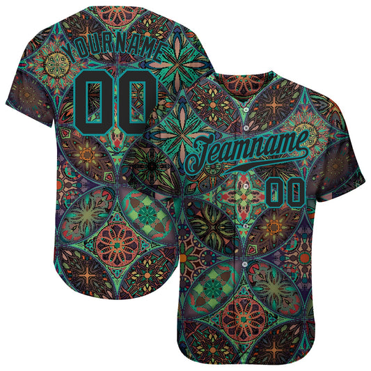 Custom Black Black-Teal 3D Pattern Design Mandalas Authentic Baseball Jersey - Main View