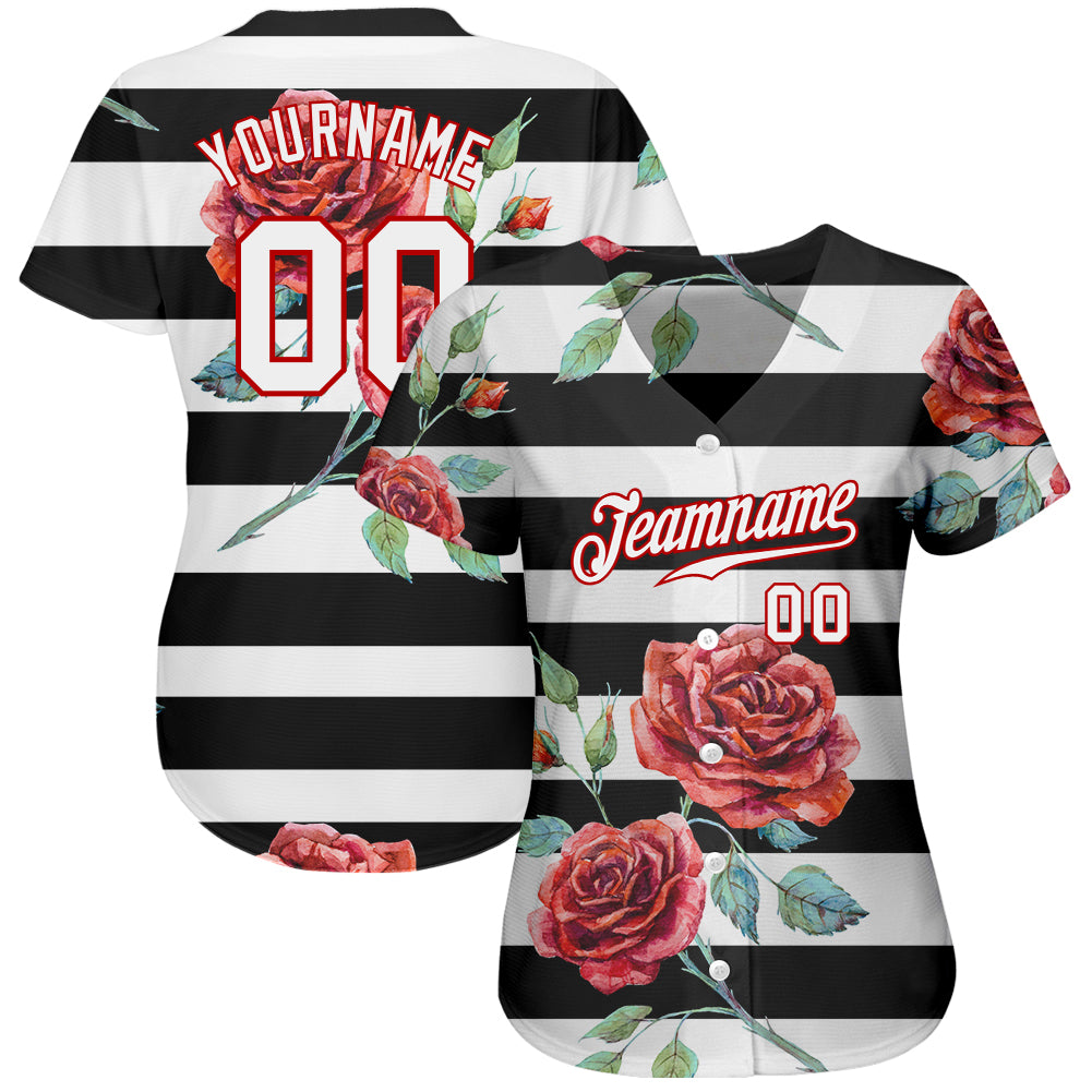 Custom Black White-Red 3D Pattern Design Mandalas Authentic Baseball Jersey view 2