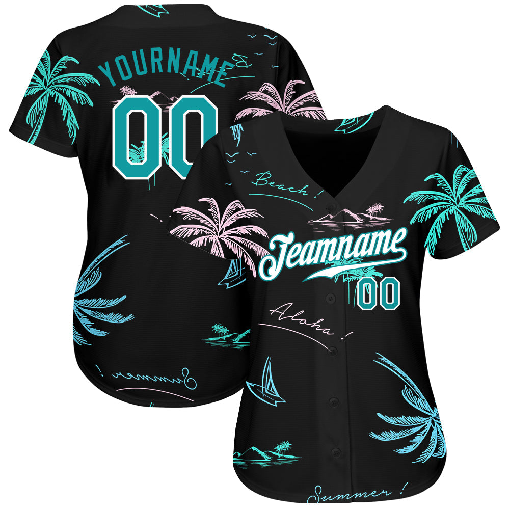 Custom Black Teal-White 3D Pattern Design Hawaii Palm Trees Authentic Baseball Jersey view 2