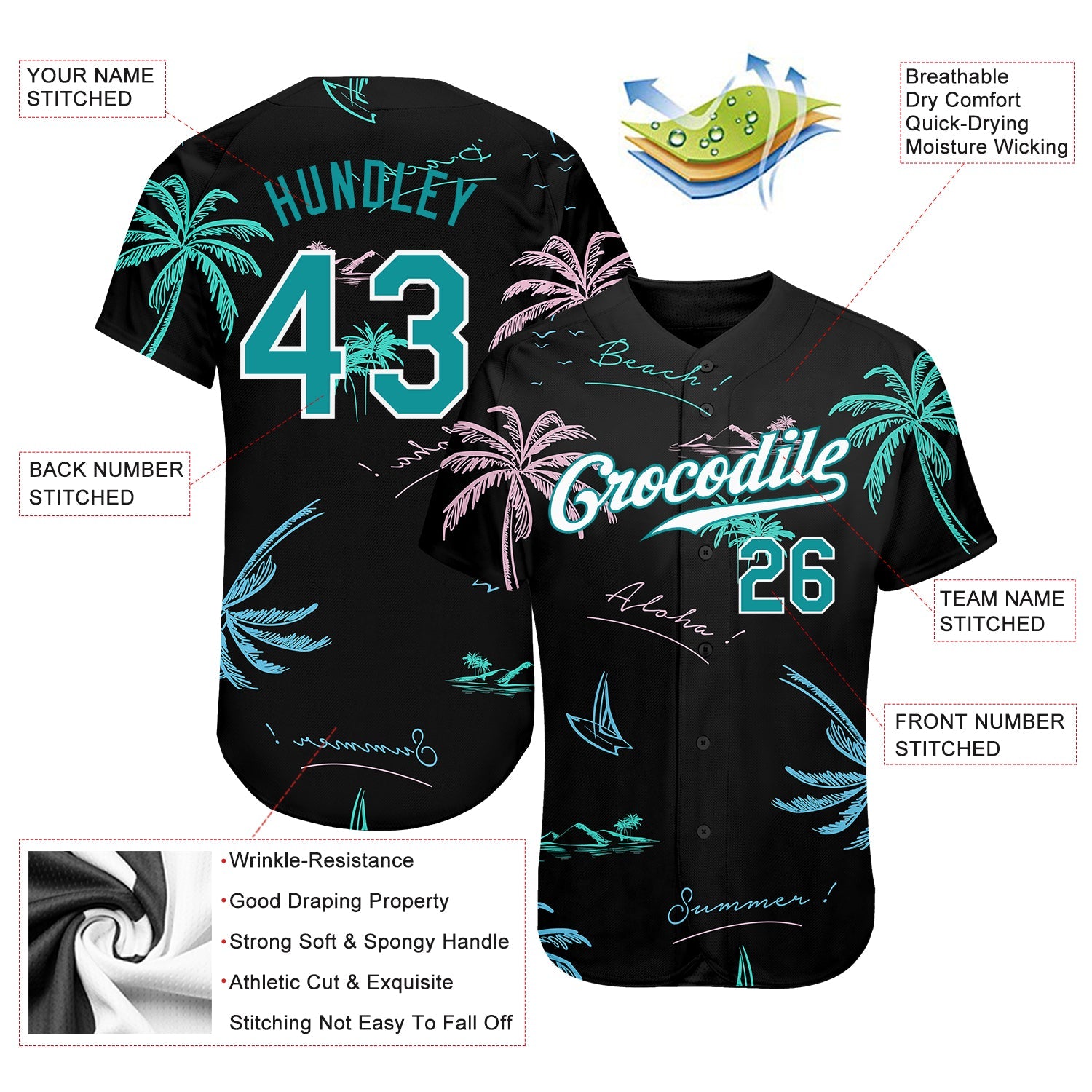 Custom Black Teal-White 3D Pattern Design Hawaii Palm Trees Authentic Baseball Jersey view 3