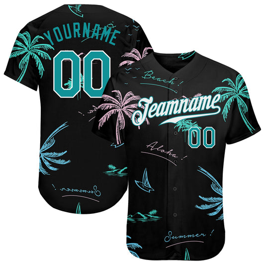 Custom Black Teal-White 3D Pattern Design Hawaii Palm Trees Authentic Baseball Jersey - Main View