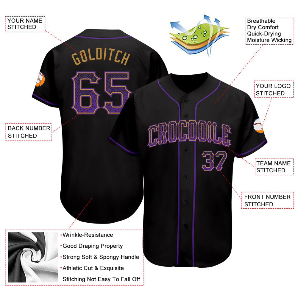 Custom Black Purple-Old Gold Authentic Drift Fashion Baseball Jersey view 3