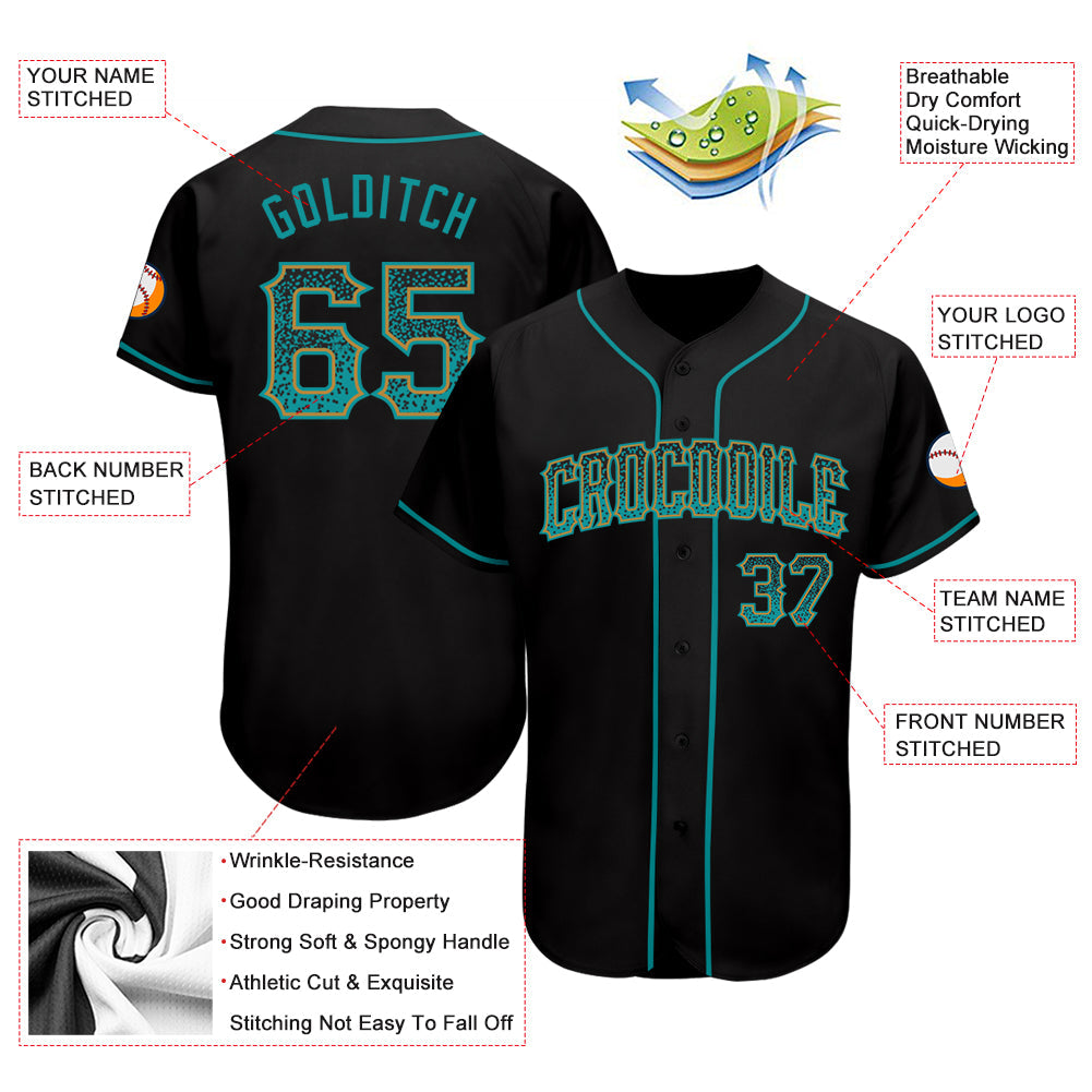 Custom Black Teal-Old Gold Authentic Drift Fashion Baseball Jersey view 3