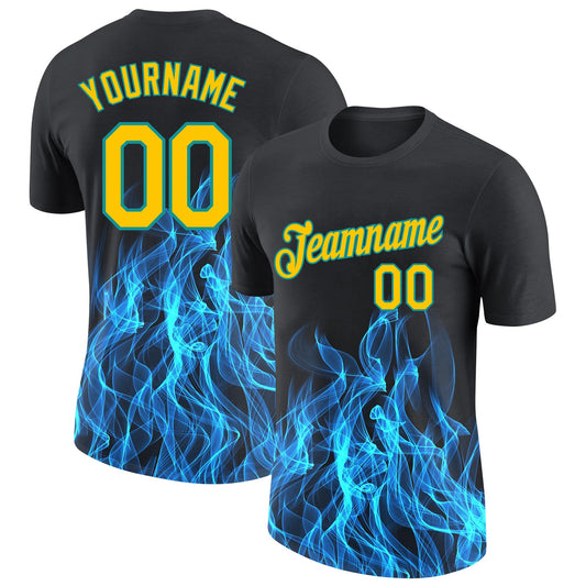 Custom Black Gold-Aqua 3D Pattern Design Flame Performance T-Shirt - Main View