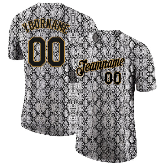 Custom Black Black-Old Gold 3D Pattern Design Snakeskin Performance T-Shirt - Main View
