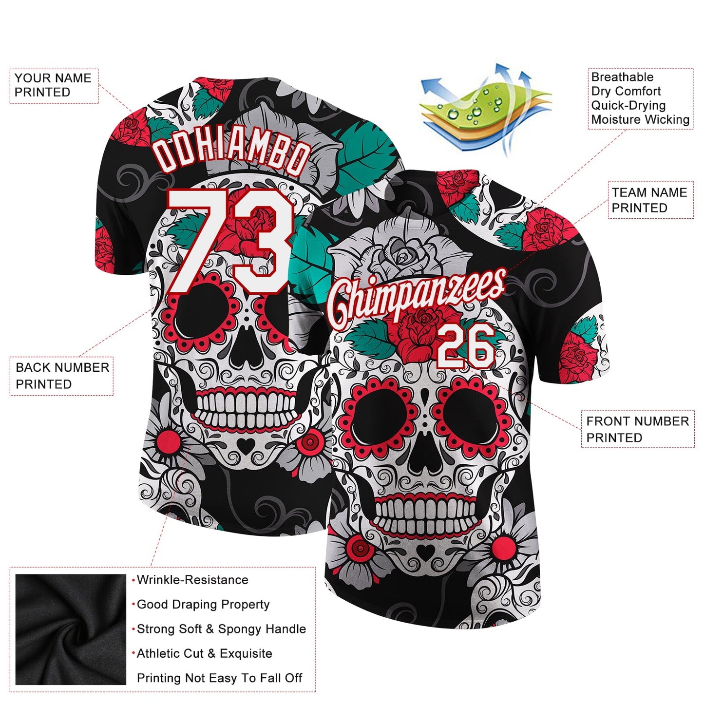 Custom Black White-Red 3D Skull Fashion Performance T-Shirt view 2