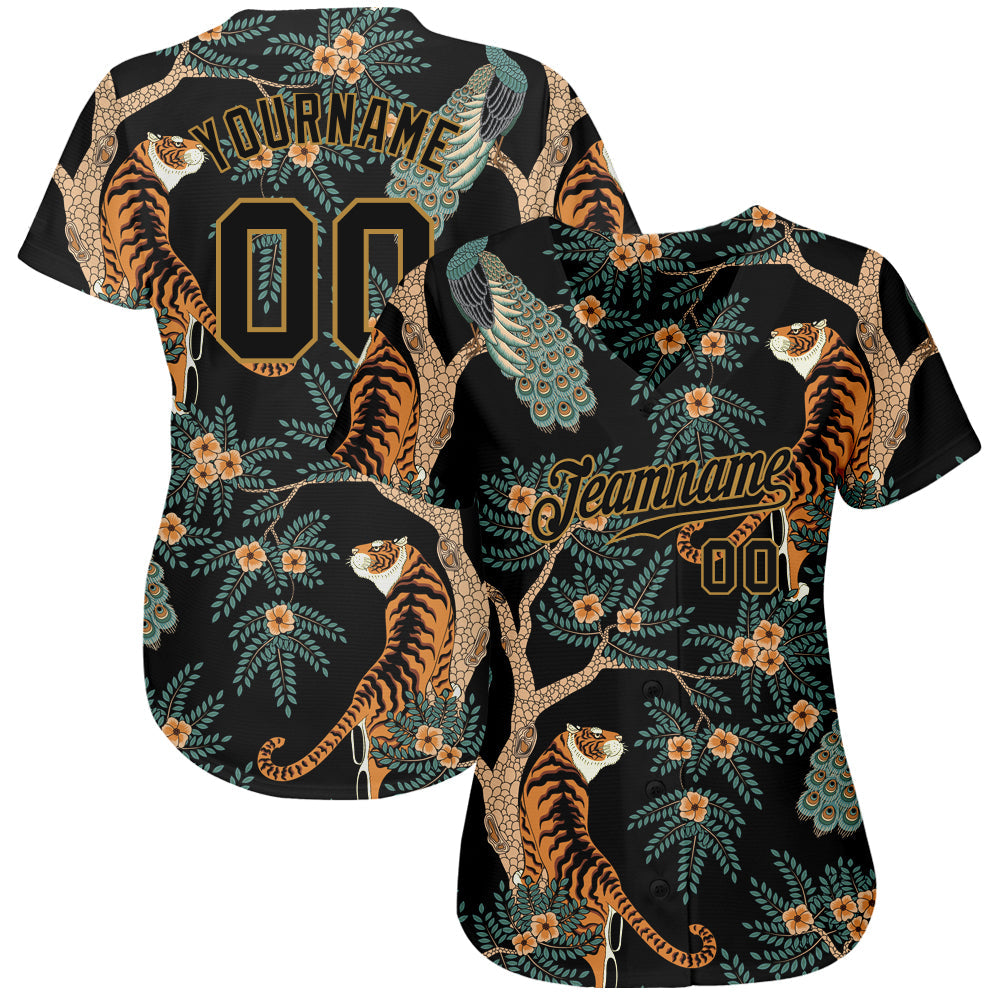Custom Black Black-Old Gold 3D Pattern Design Tiger And Peacock Authentic Baseball Jersey view 2