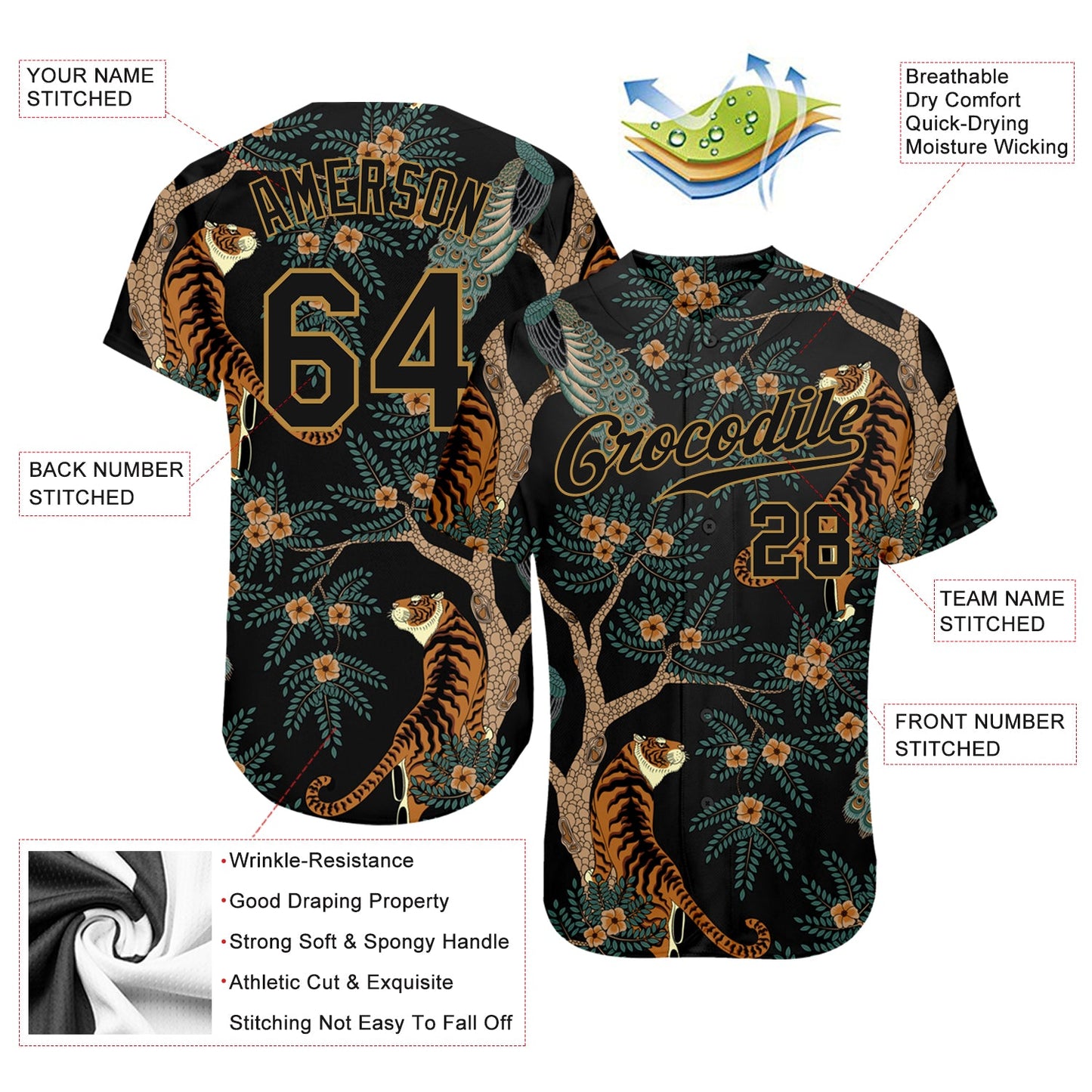 Custom Black Black-Old Gold 3D Pattern Design Tiger And Peacock Authentic Baseball Jersey view 3