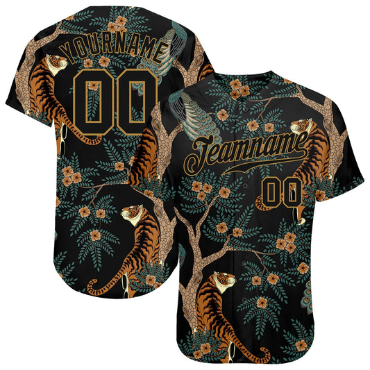Custom Black Black-Old Gold 3D Pattern Design Tiger And Peacock Authentic Baseball Jersey - Main View
