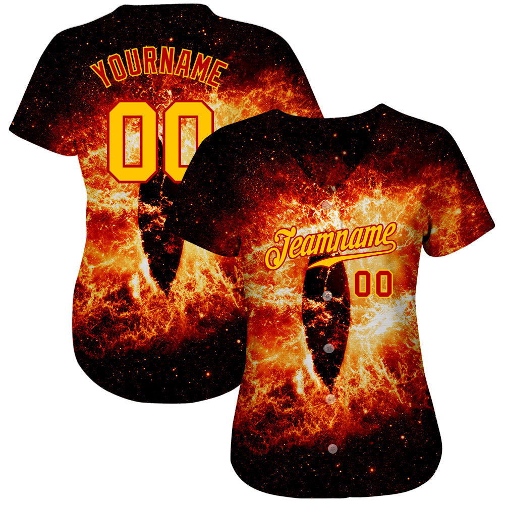 Custom Black Gold-Red 3D Pattern Design Burning Evil Eye In Space Authentic Baseball Jersey view 2